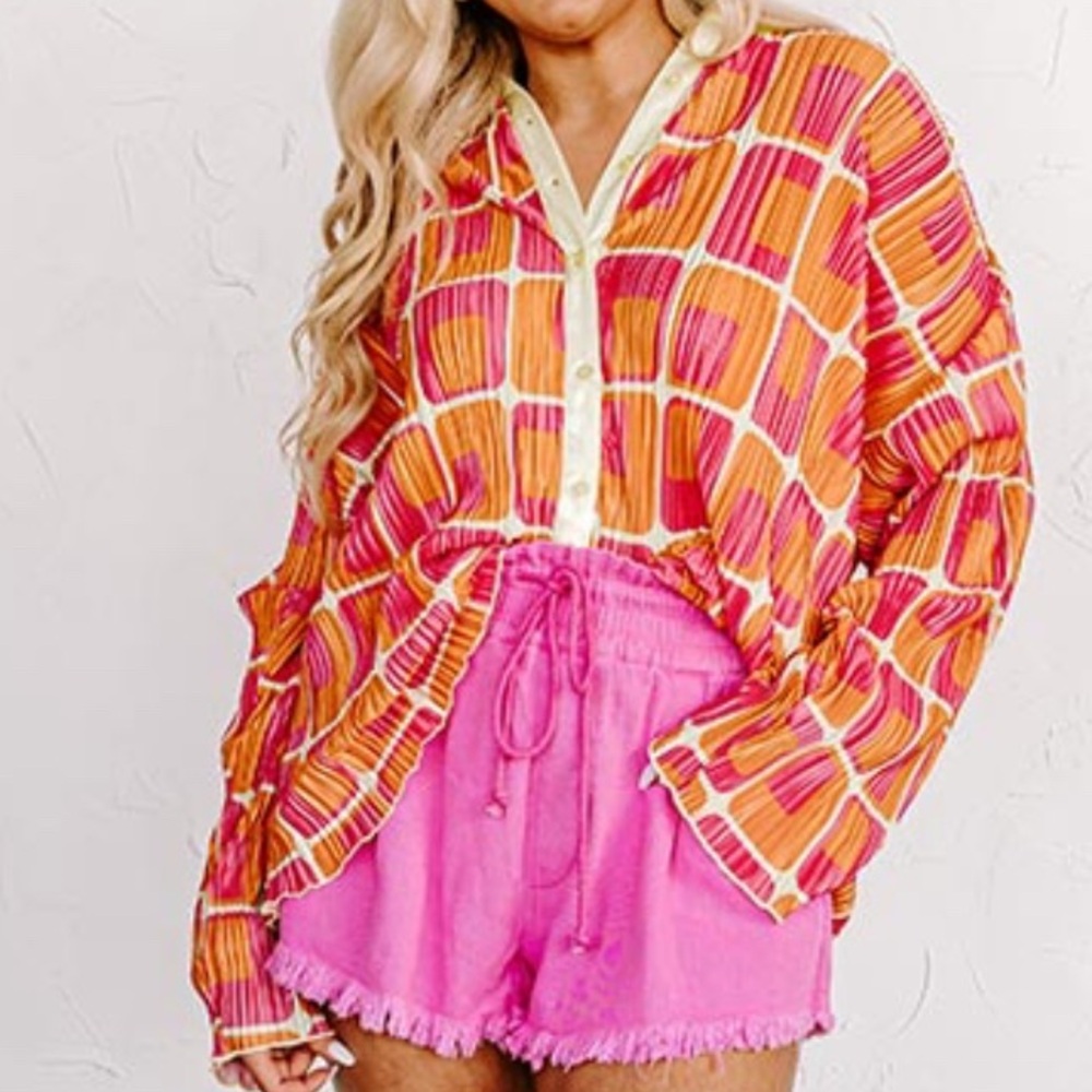 Pleated Colorful Women's Button-Up Top pink orange yellow XS NWT